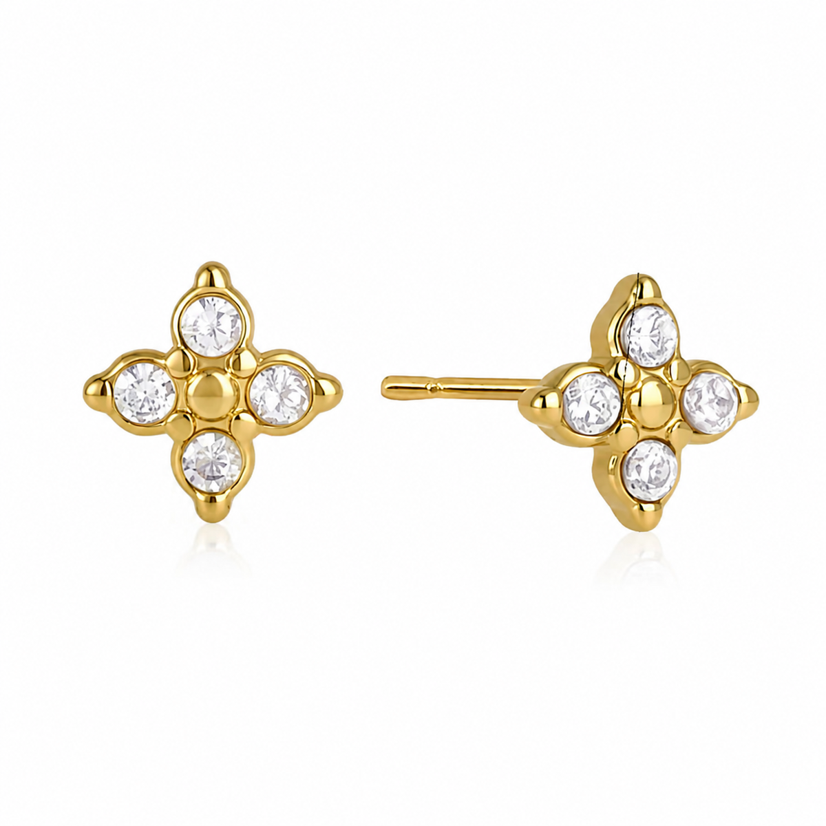 Core Fleur CZ Stud Earrings | 18K Gold PVD Stainless Steel | Blue & Clear Crystal Flower Studs | Water Friendly